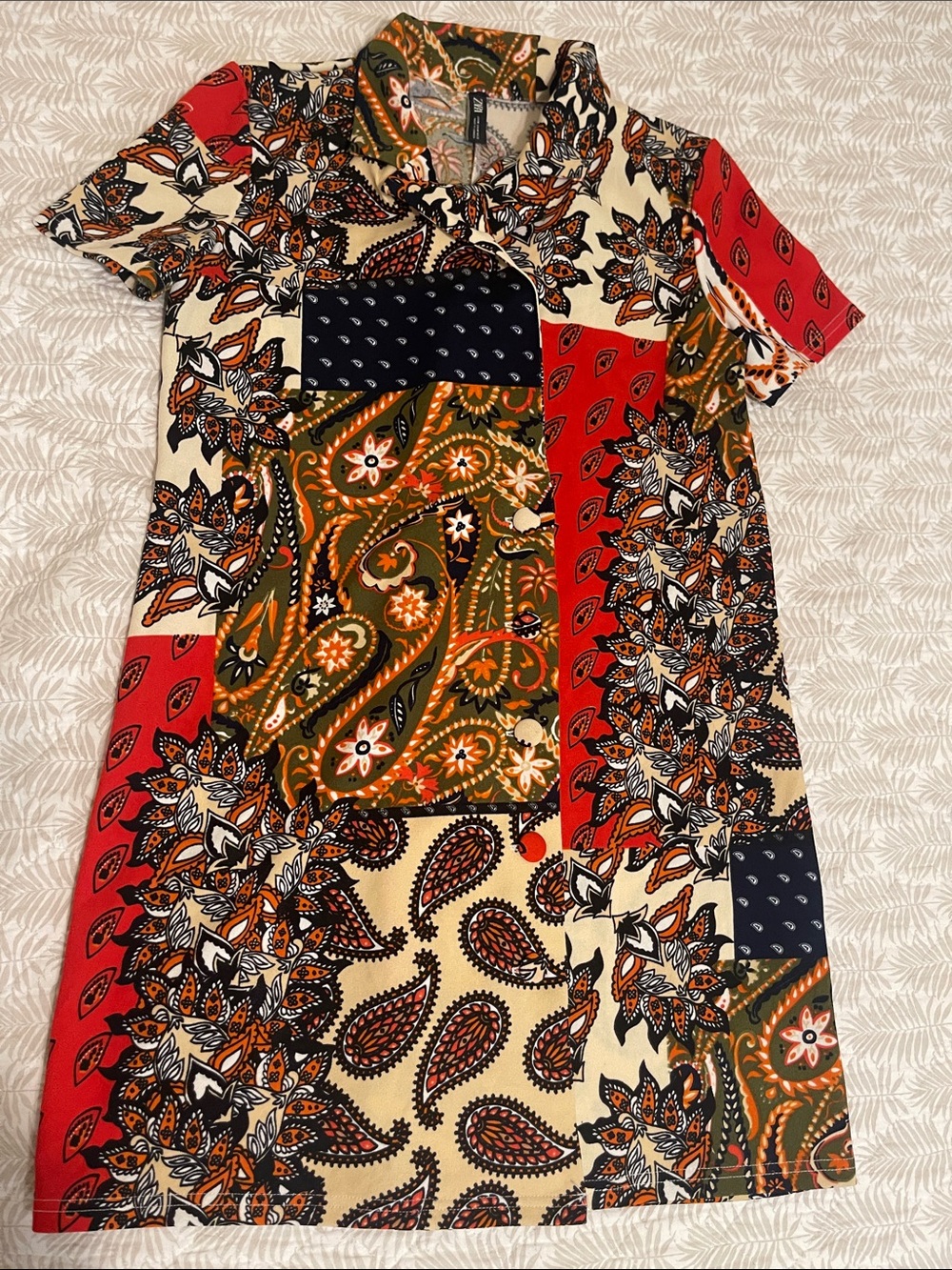 Zara Patchwork Paisley Collared Mini Dress - Red/Green/Black/Cream